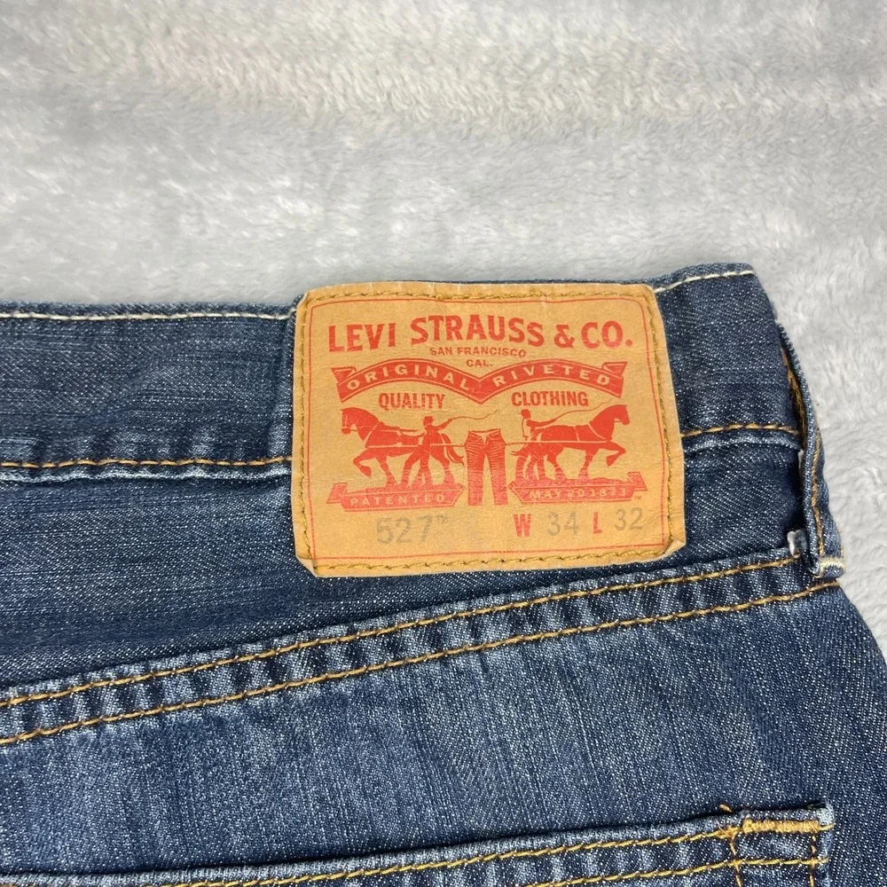 Levi's Jeans Mens 34x32 Blue Denim 527 Whiskered Faded Low Rise Slim Bootcut Leg